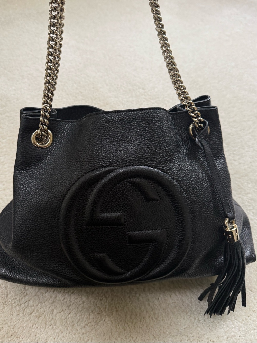Gucci Black Pebbled Leather Shoulder Bag with Tassel
